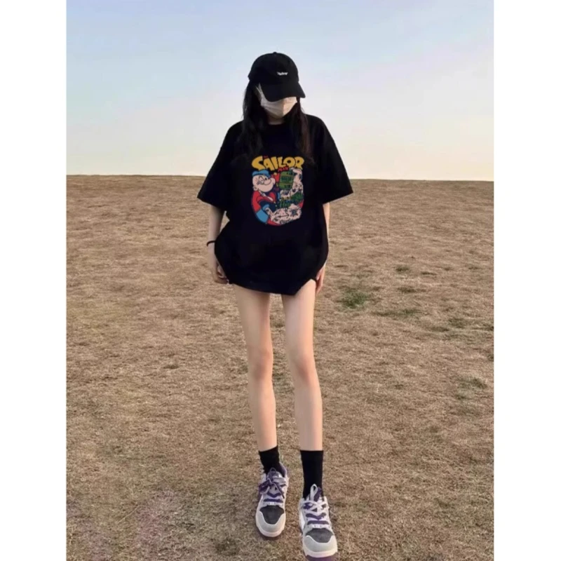 潮牌大力水手黑色中长款短袖韩版T恤女新款纯棉宽松显瘦上衣大码