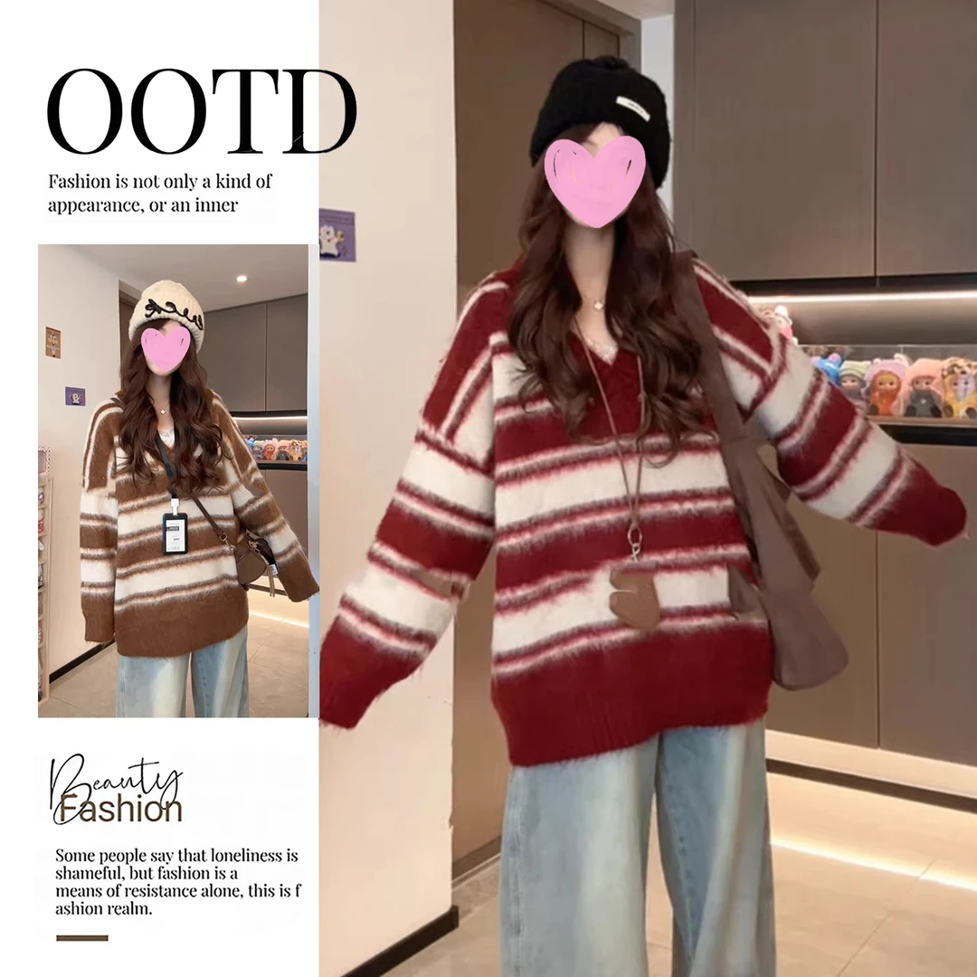 韩系穿搭超好看红色条纹v领毛衣女秋冬宽松慵懒高级感软糯针织衫