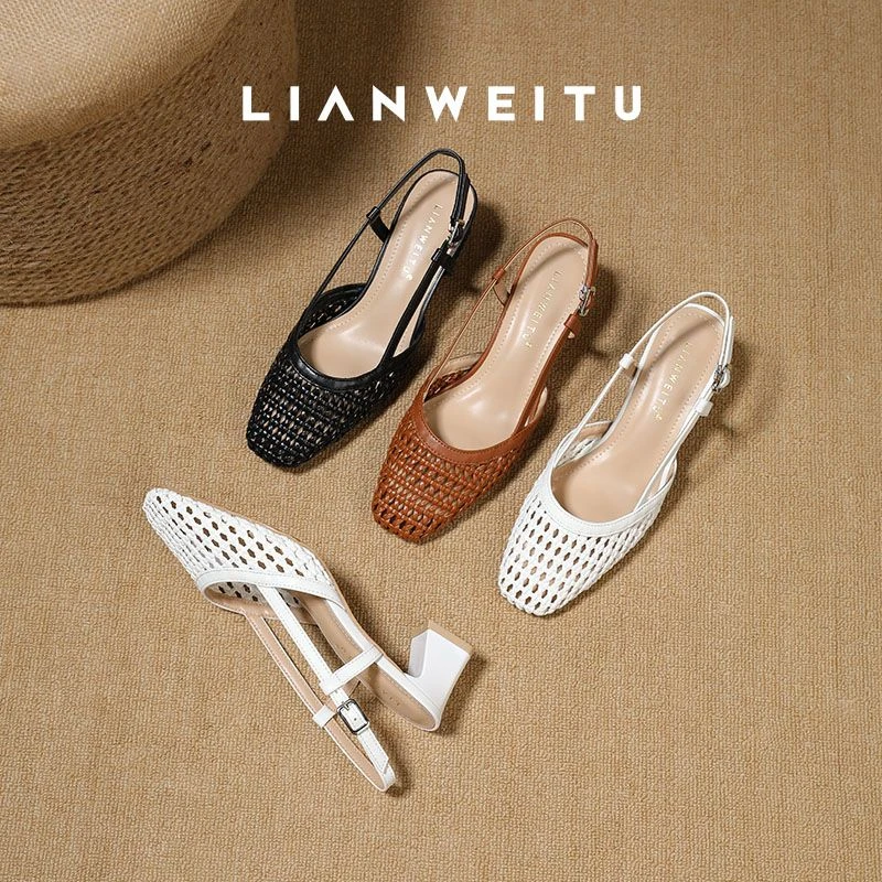 夏季2025新款编制高跟凉鞋羊皮版真皮包头中跟软面软底镂空凉鞋女