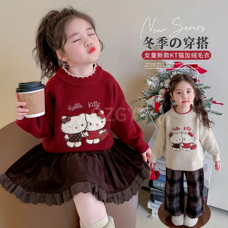 2025新款冬季女童加绒毛衣可爱KT猫印花保暖上衣百搭童装