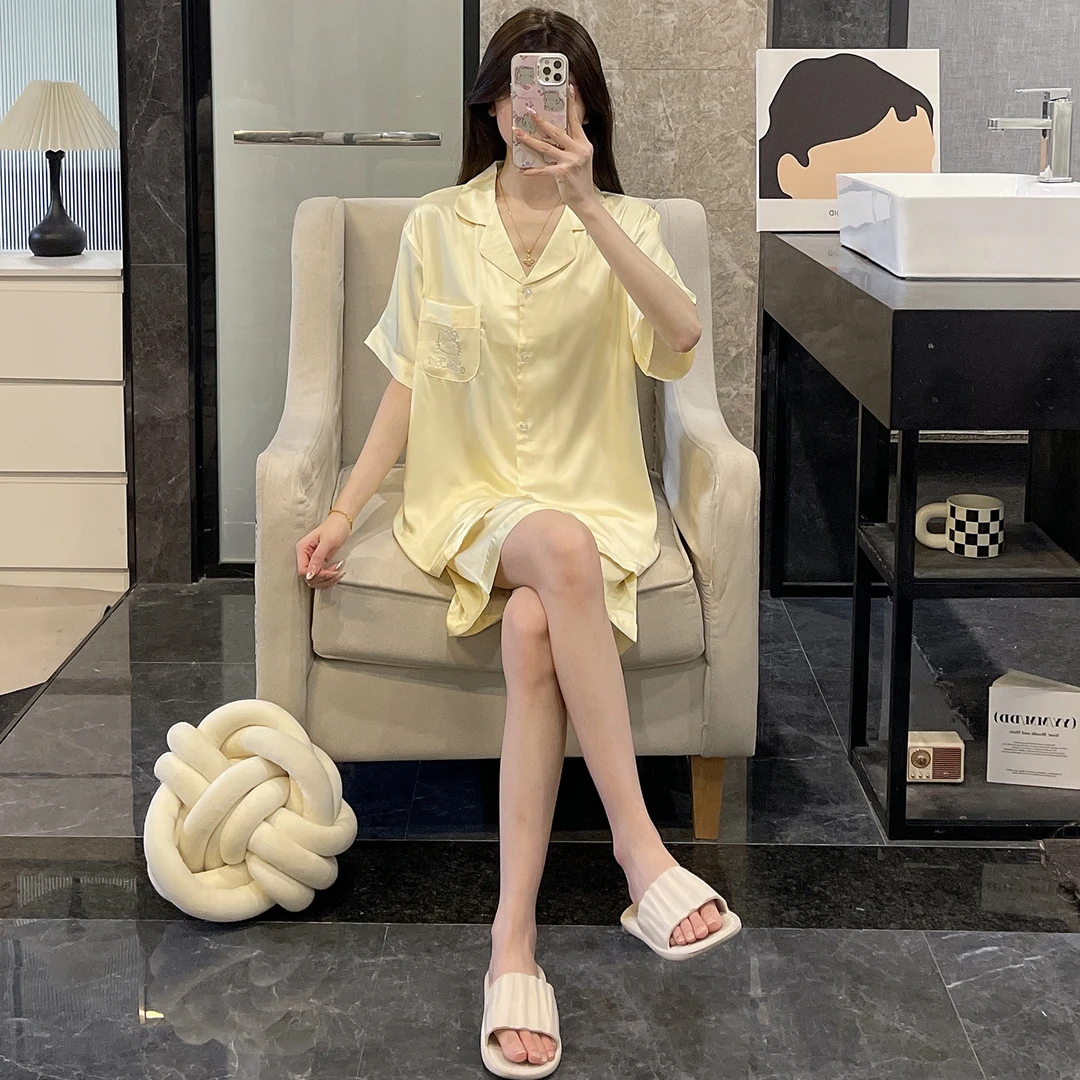 冰丝睡衣女夏季短袖开衫2025新款凉感薄款黄色大码夏天家居服套装