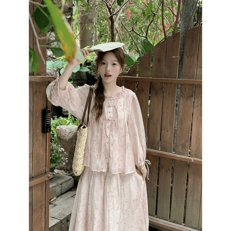 布丁清仓【月祈桃缘】新中式晕染粉色印花长袖衬衫上衣半身裙两件套