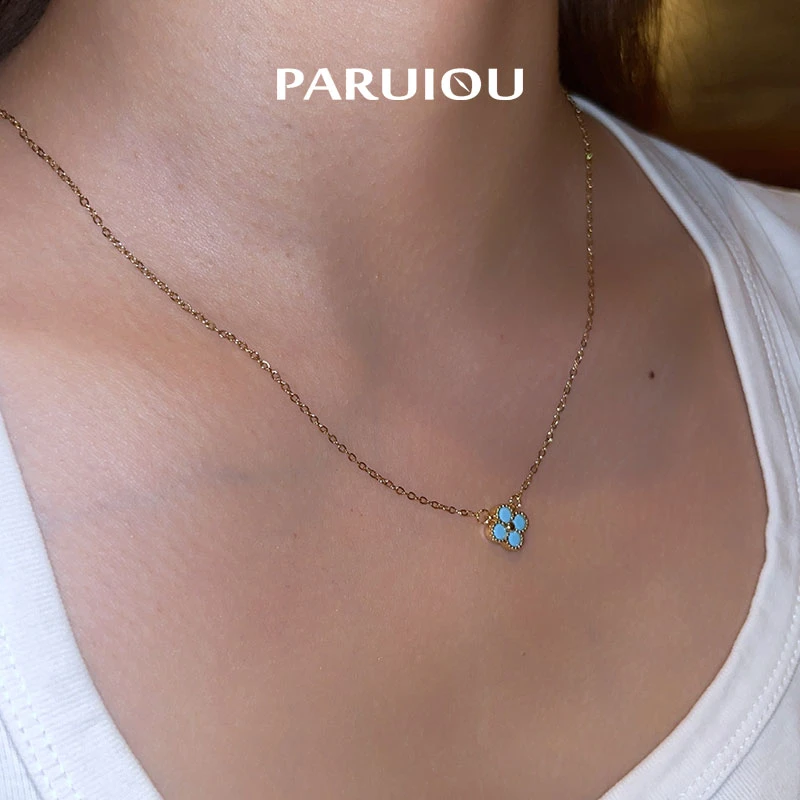 钛钢项链 小巧蓝色松松四叶设计百搭项链 0140