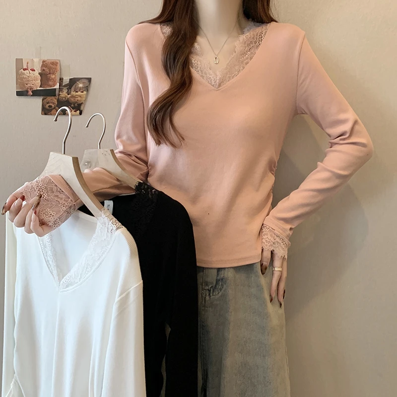【小可爱专属】2025春装新款胖mm大码女优雅蕾丝边长袖打底T恤上衣