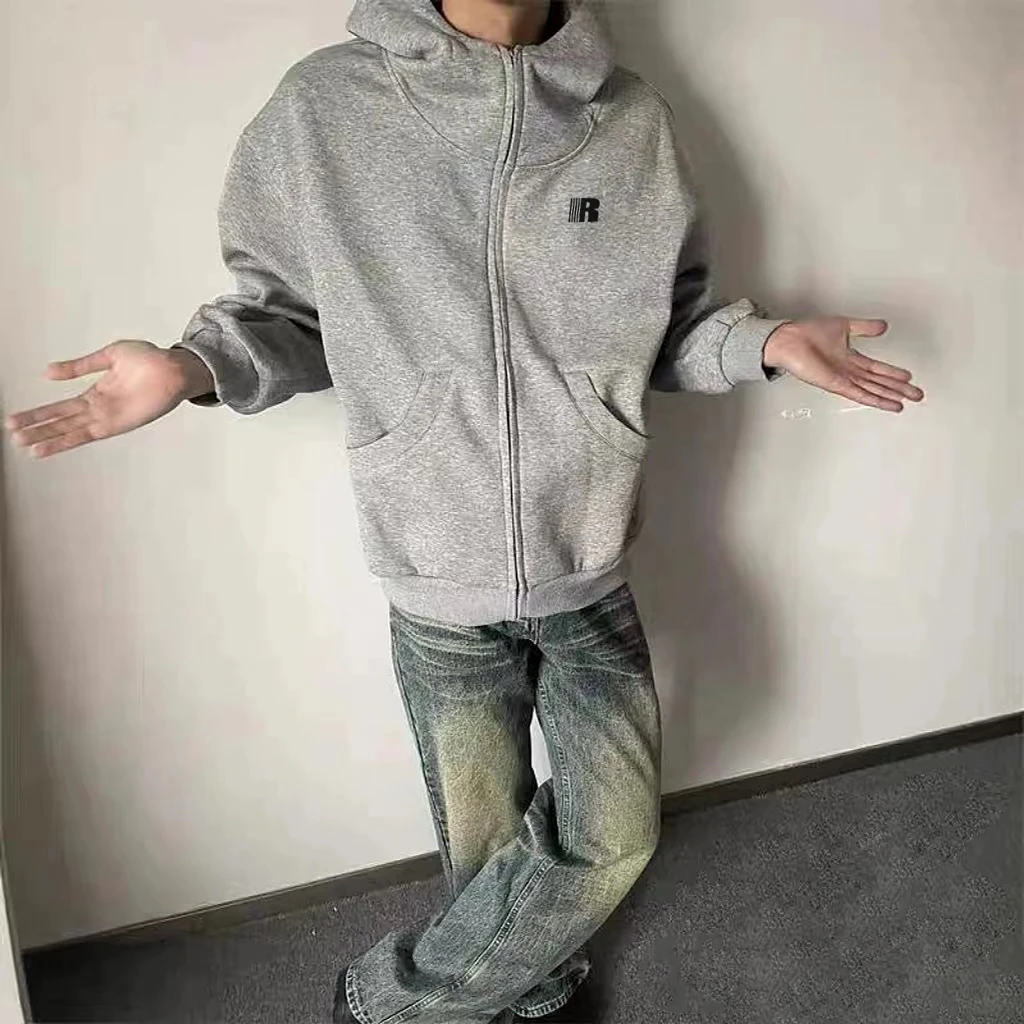 美式简约R字母印花高领开衫连帽卫衣男女秋冬季宽松拉链情侣外套
