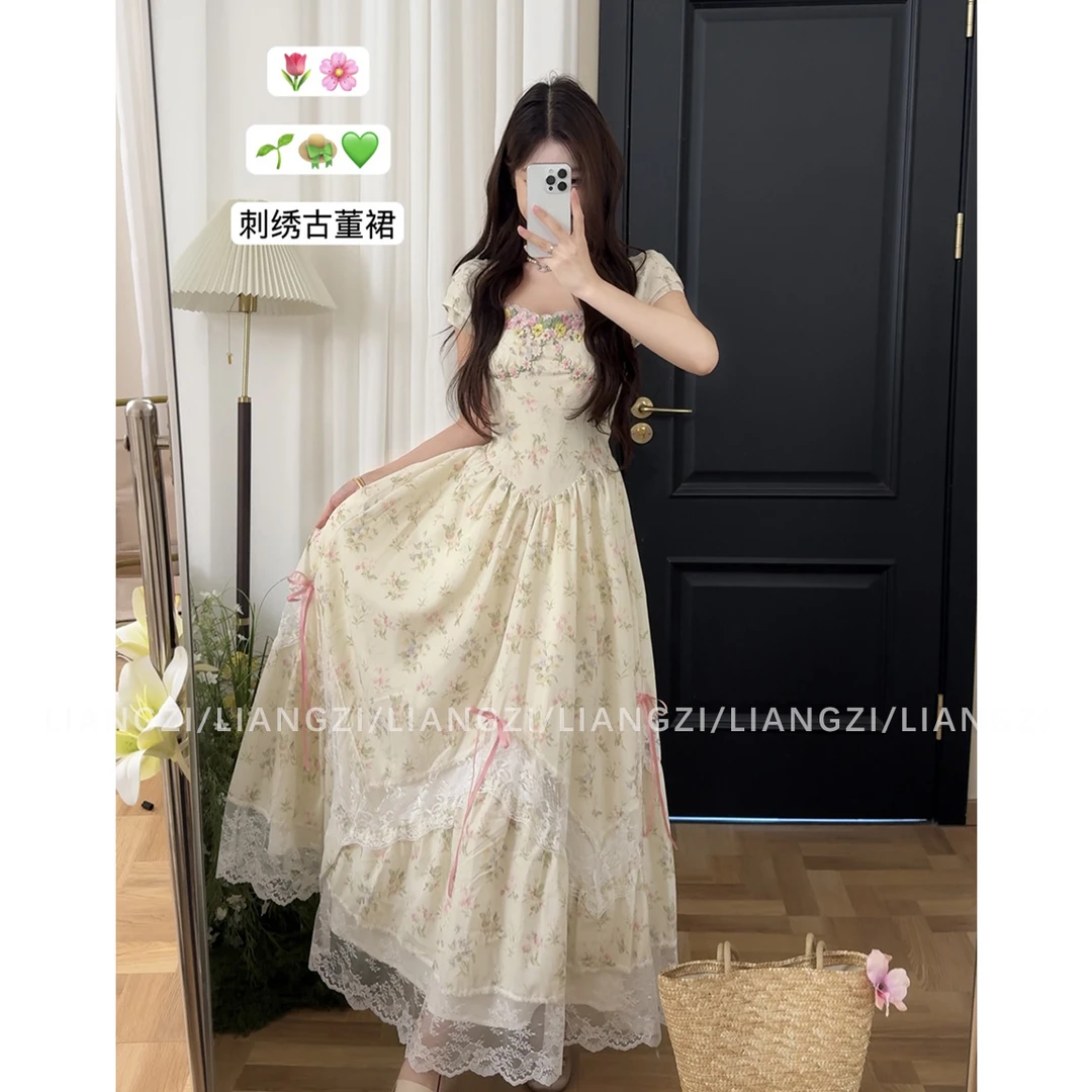 夏季【古董芭蕾】夏季法式田园风碎花短袖长裙收腰显瘦连衣裙