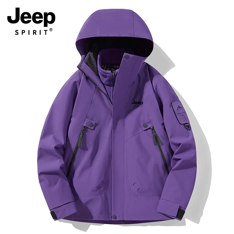 JEEP早秋新款紫色冲锋衣女款三合一户外防风防水登山服外套情侣款