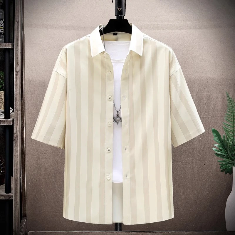 高级感条纹衬衫男士短袖夏季潮流冰丝衬衣潮牌休闲时尚外套薄上衣