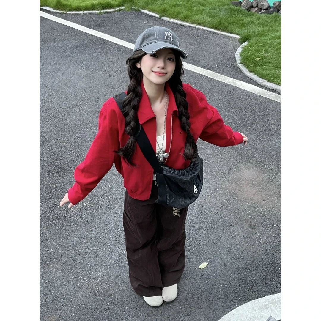 红色哈灵顿翻领工装夹克男女春季新款基础百搭休闲短款宽松外套潮