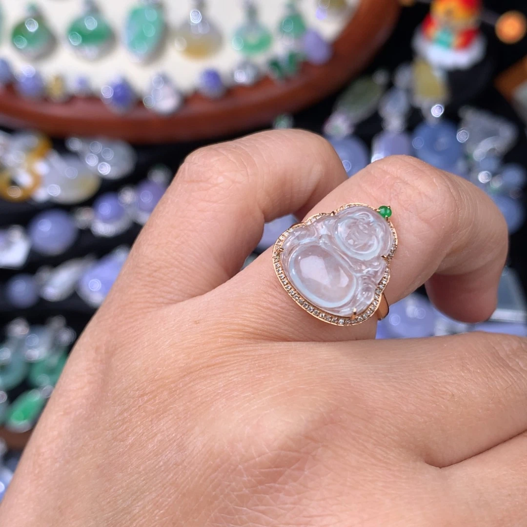 翡翠戒指18K金镶嵌佛戒指