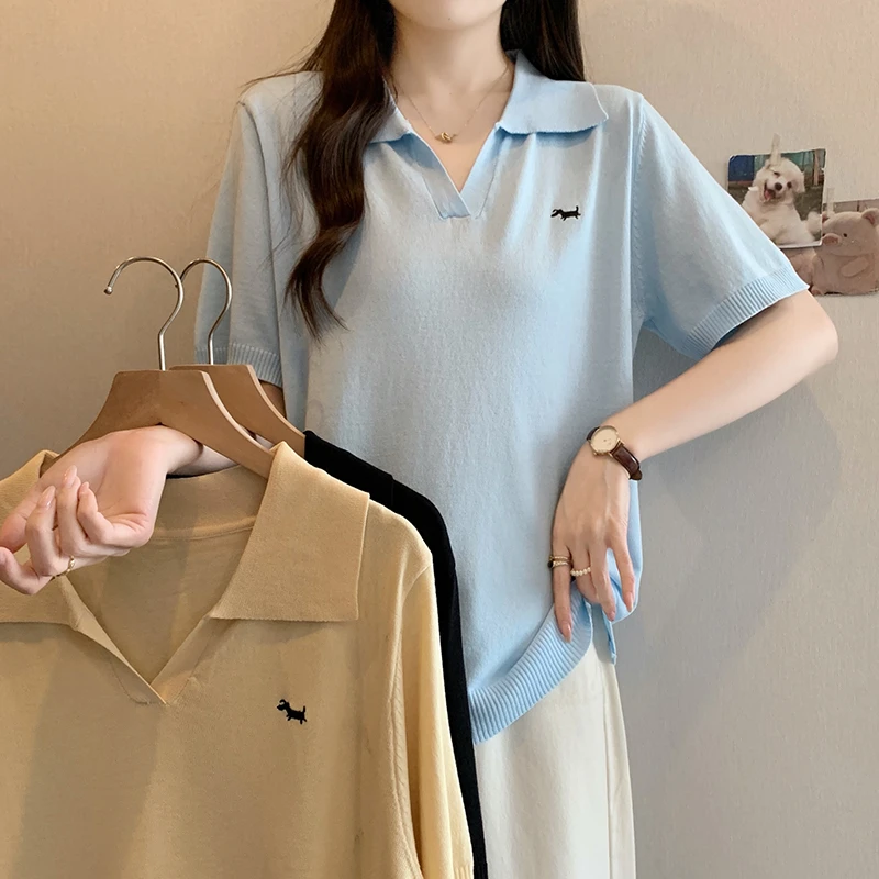 4006夏季通勤常短袖针织衫韩版圆领显瘦宽松大码胖mm200斤显瘦潮