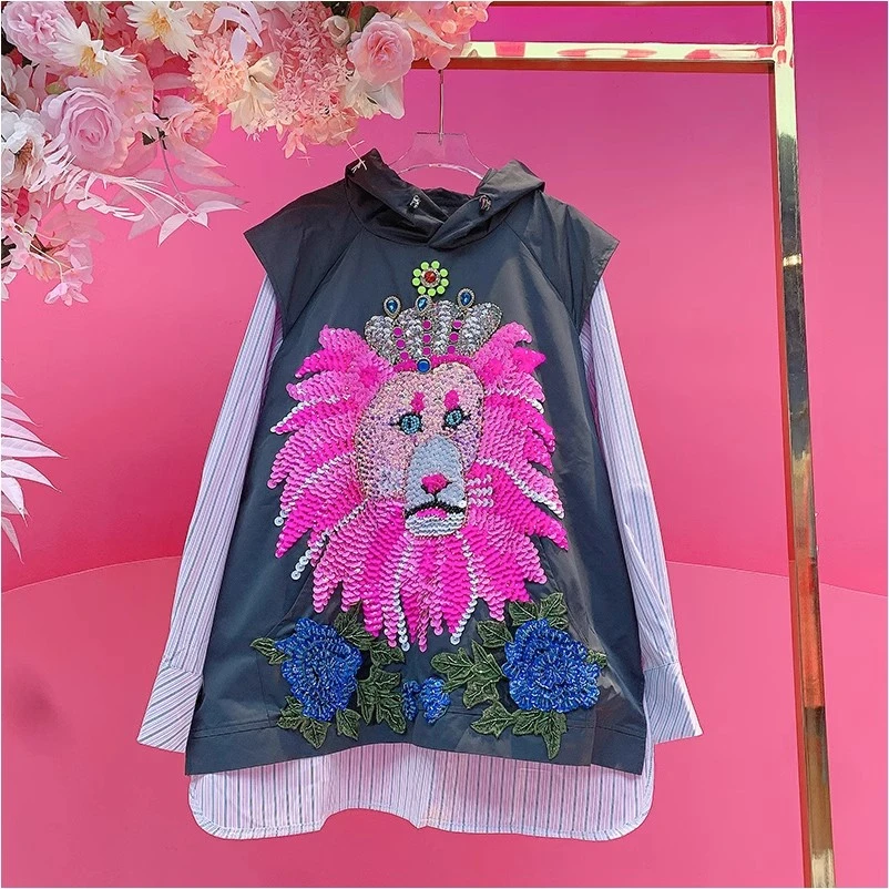 QD1207欧美设计师2025早春新款钉珠刺绣亮片狮子头拼接个性衬衫女