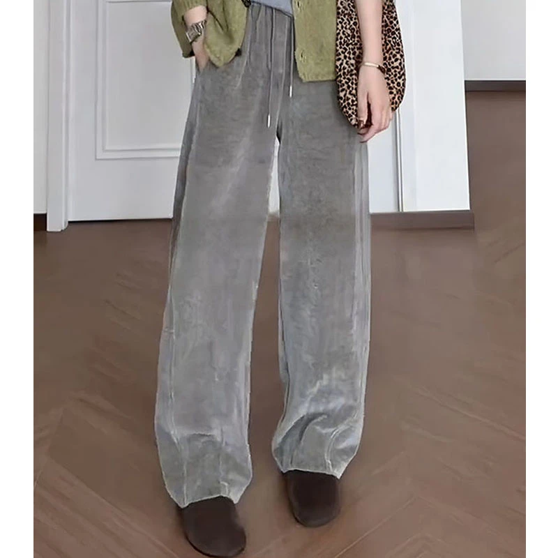 大码女装复古丝绒直筒休闲裤秋季新款胖mm高腰梨形身材显瘦阔腿裤