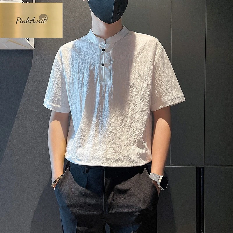 PinkAvril新中式短袖衬衫男简约百搭寸衫2025新款夏季男装上衣薄