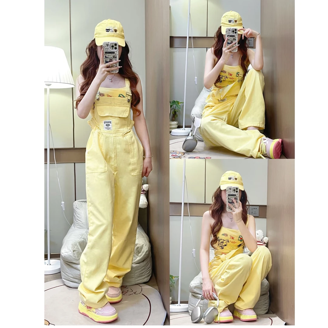 小个子夏季学院风背带裤女2025奶fufu黄色多巴胺宽松显瘦背带裤潮