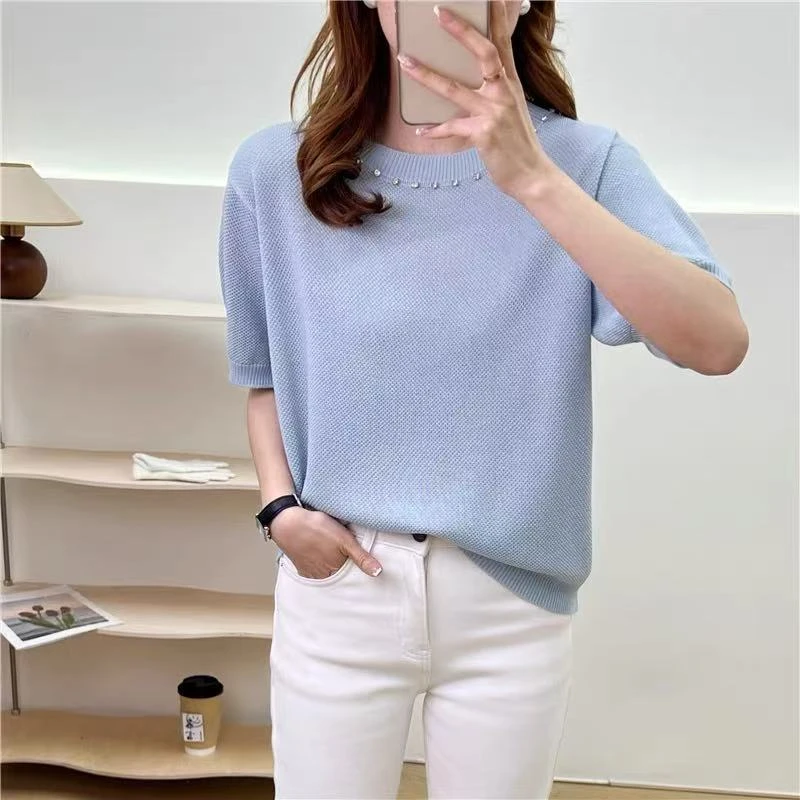 【水钻圆领】重工法式超好看正肩女夏新款设计感宽松针织短袖上衣
