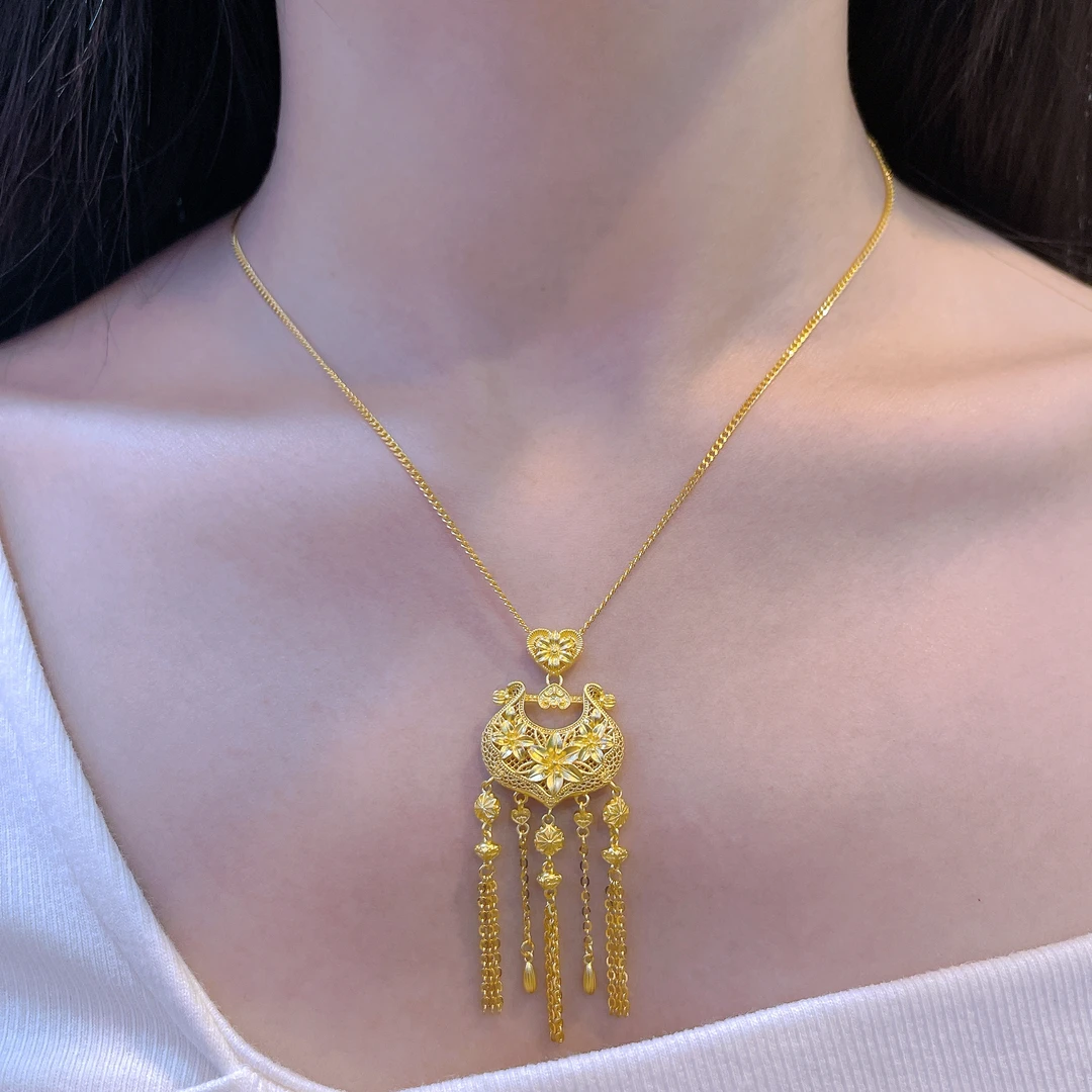 5G工艺足金999中式花丝百合花锁包套链