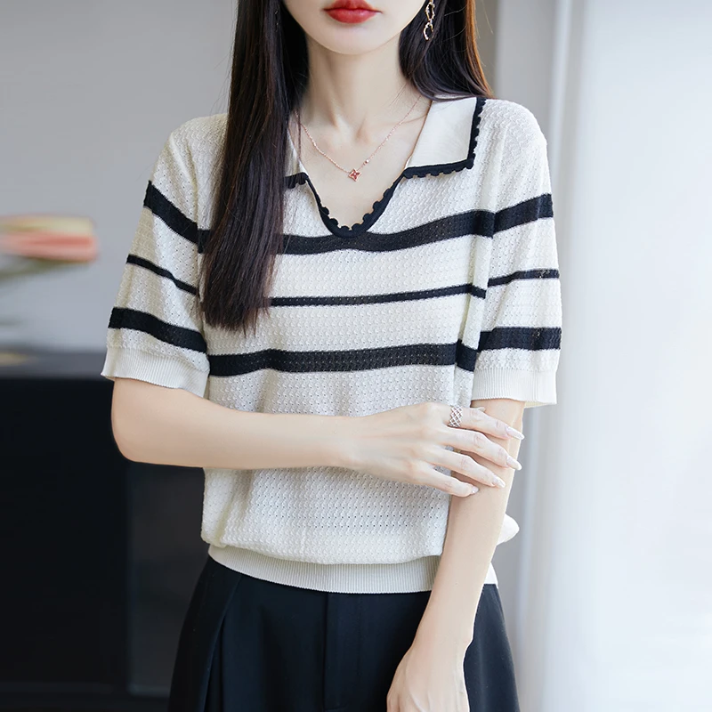 哥弟阿玛施正品莱赛尔V领短袖针织衫t恤夏新款条纹宽松polo领短袖