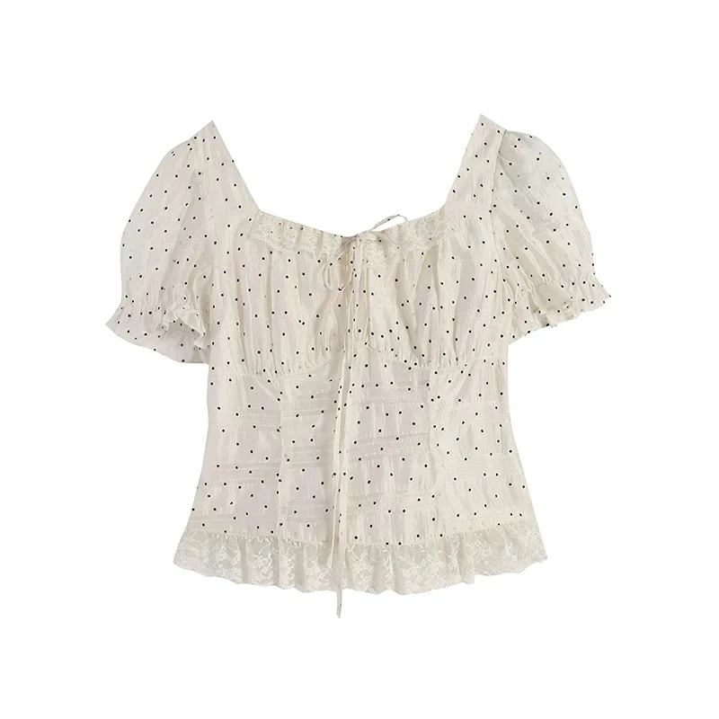 【面面】微胖定制气质法式白色波点蕾丝花边短款上衣WPWGN0017夏装