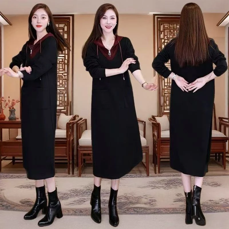 8178-大码假两件连帽连衣裙秋季新款显瘦遮肚中长款休闲裙子【余】