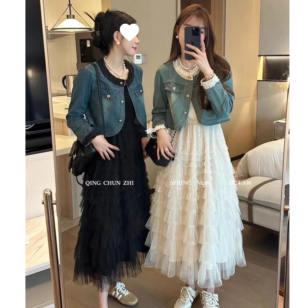 牛仔短外套蕾丝网纱蛋糕裙超仙别致两件套女2025早春套装潮小香风