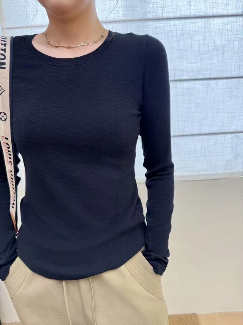 seawhen海维恩新品纯色简约气质修身弧度下摆百搭长袖T恤打底衫女