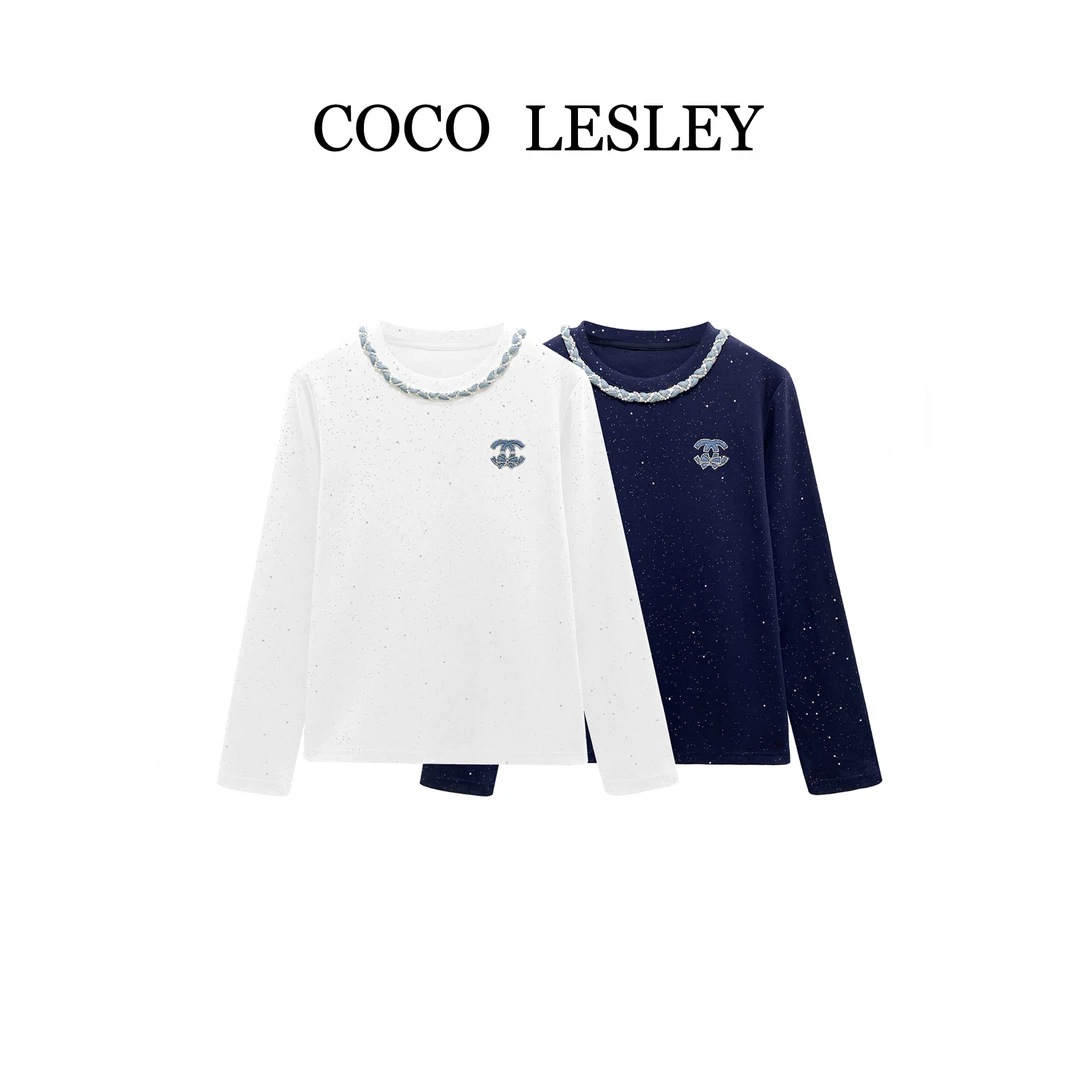 【COCO LESLEY】68291#小香风满天星烫钻T恤2025显瘦休闲个性上衣潮