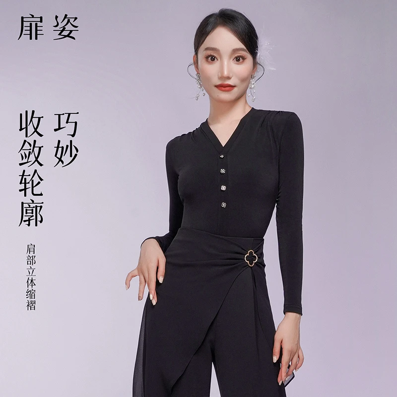 扉姿 新款秋冬摩登舞服女连体衣练功服交谊舞长袖拉丁舞上衣F1234