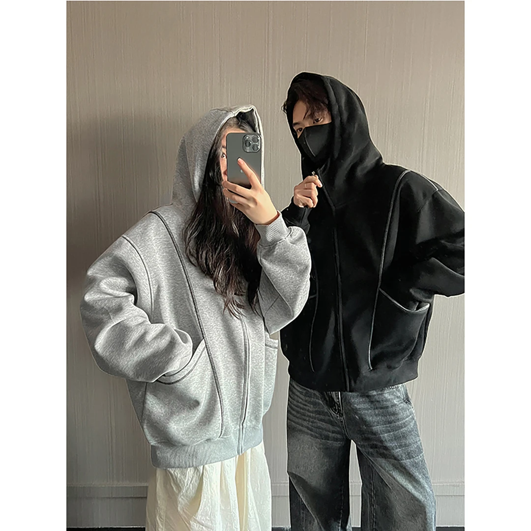 LlGGlCC秋季新款美式设计感重磅拉链卫衣男女款哈苏线明线外套