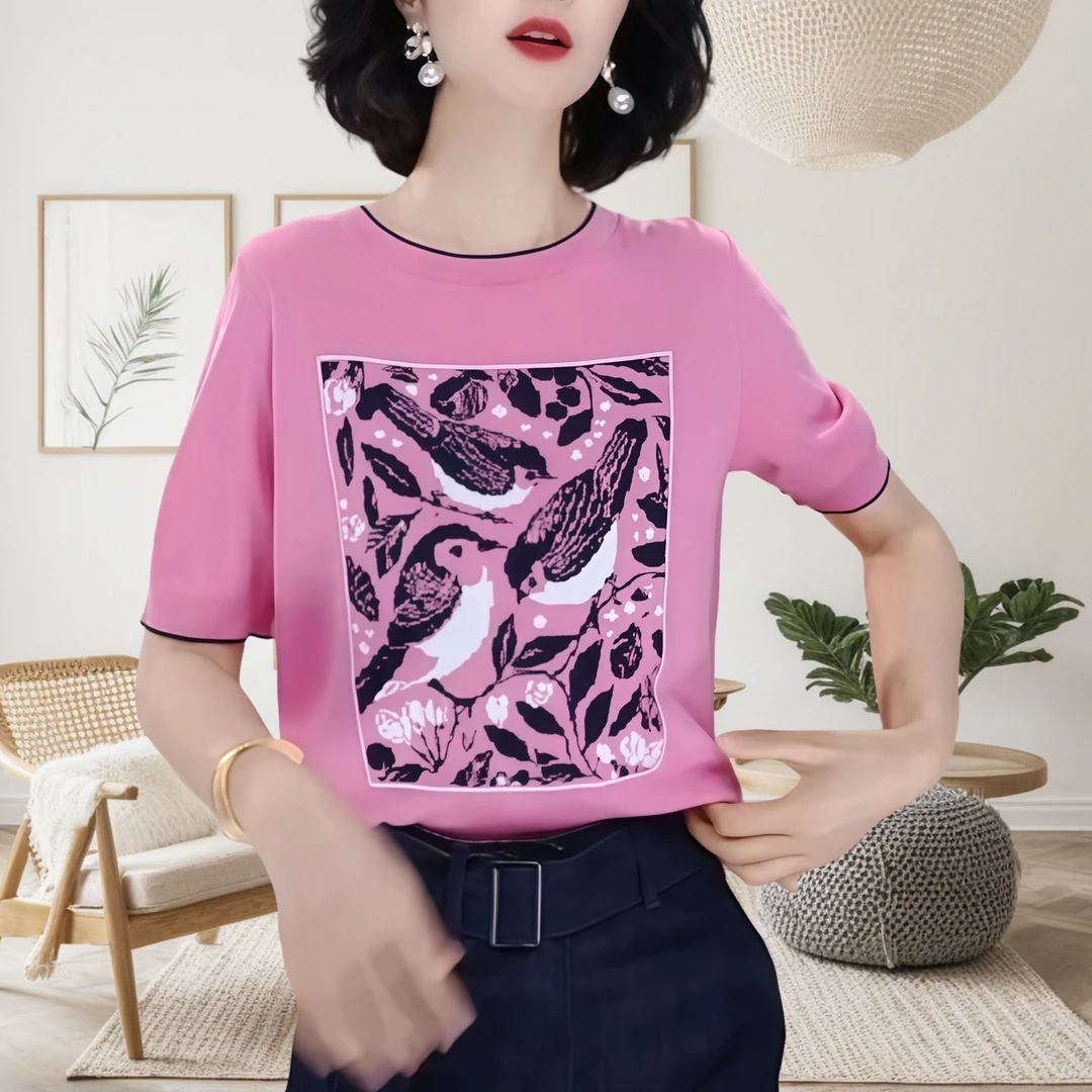 喜鹊登梅款短袖针织衫洋气时尚低圆领新款高端大码小衫宽松上衣