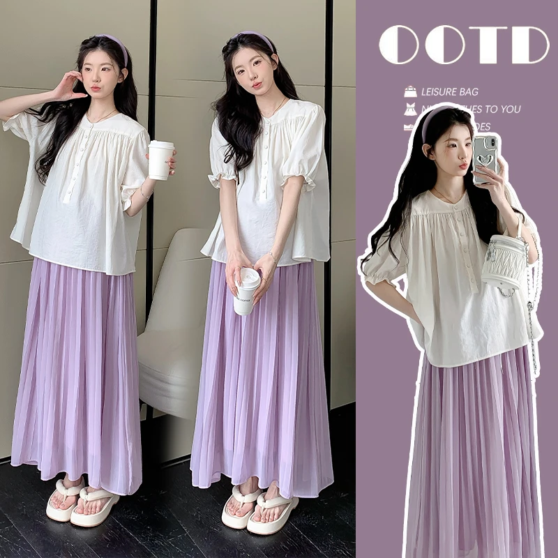 { 糕糕 }孕妇装2025夏季新款韩版宽松花边袖上衣+宽松半身裙套装