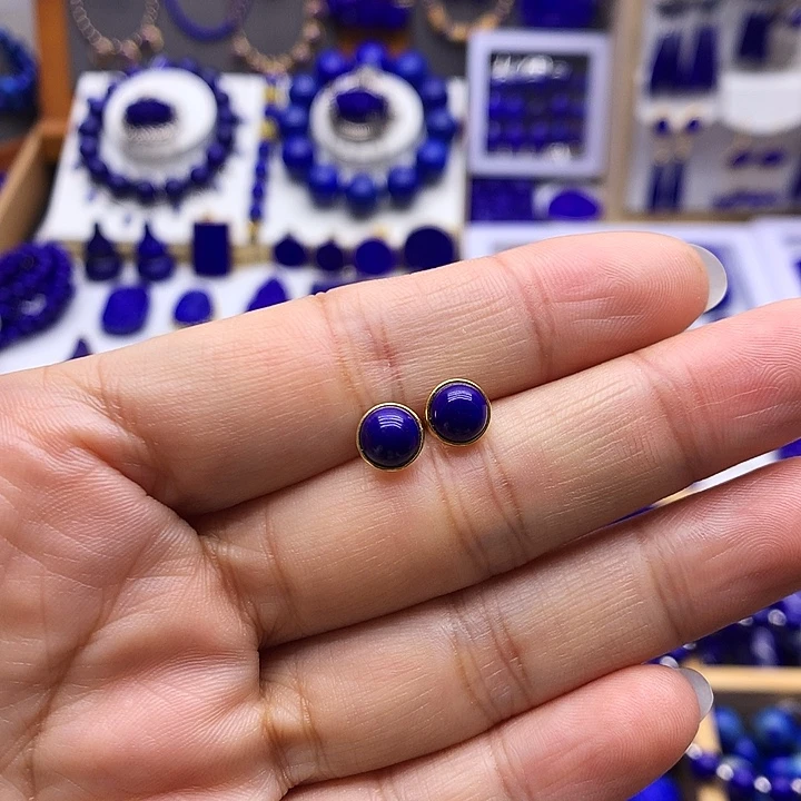 青金石银S925镀金镶嵌耳钉