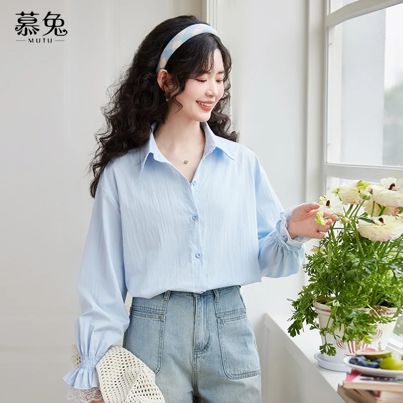 慕兔法式蕾丝拼接长袖衬衫女2025夏季新款慵懒风宽松显瘦休闲上衣