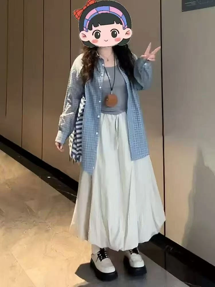 2025春夏新款大码女装复古格子衬衫+蓬蓬花苞裙三件套