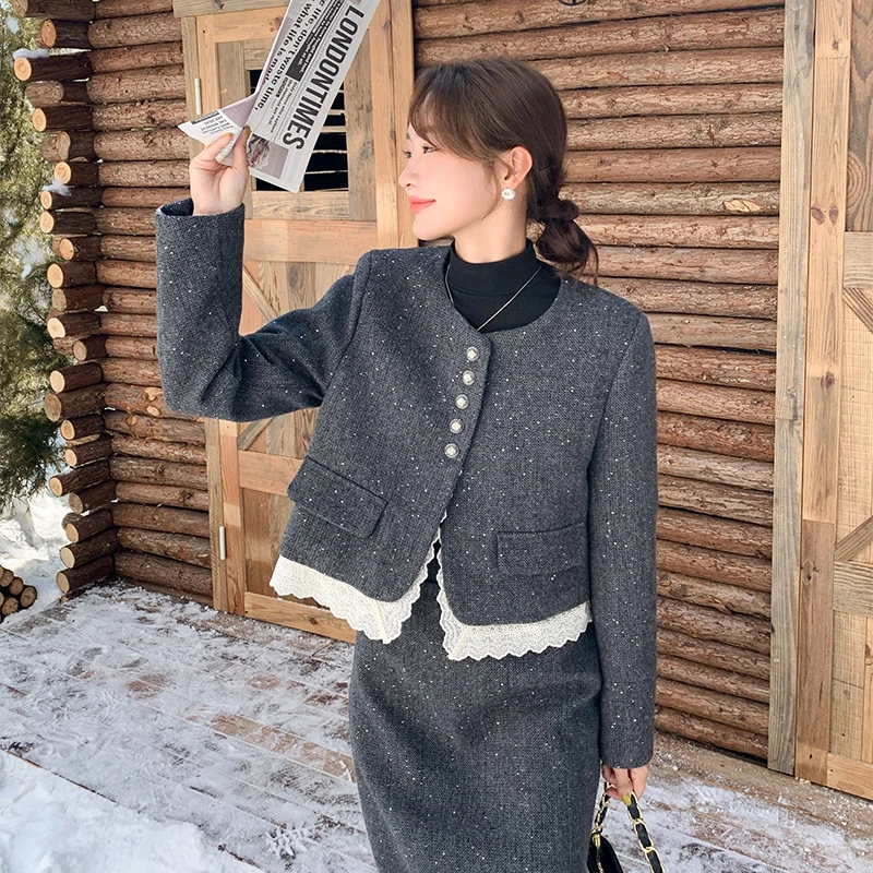 气质名媛小香风毛呢外套半身裙两件套亮片蕾丝套装女