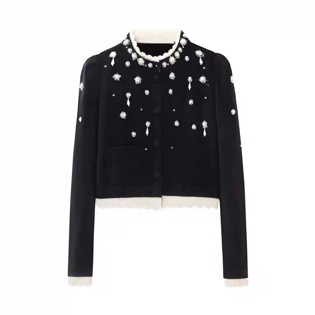 【D329】2025冬季新款法式千金风时尚假两件珠饰针织开衫女
