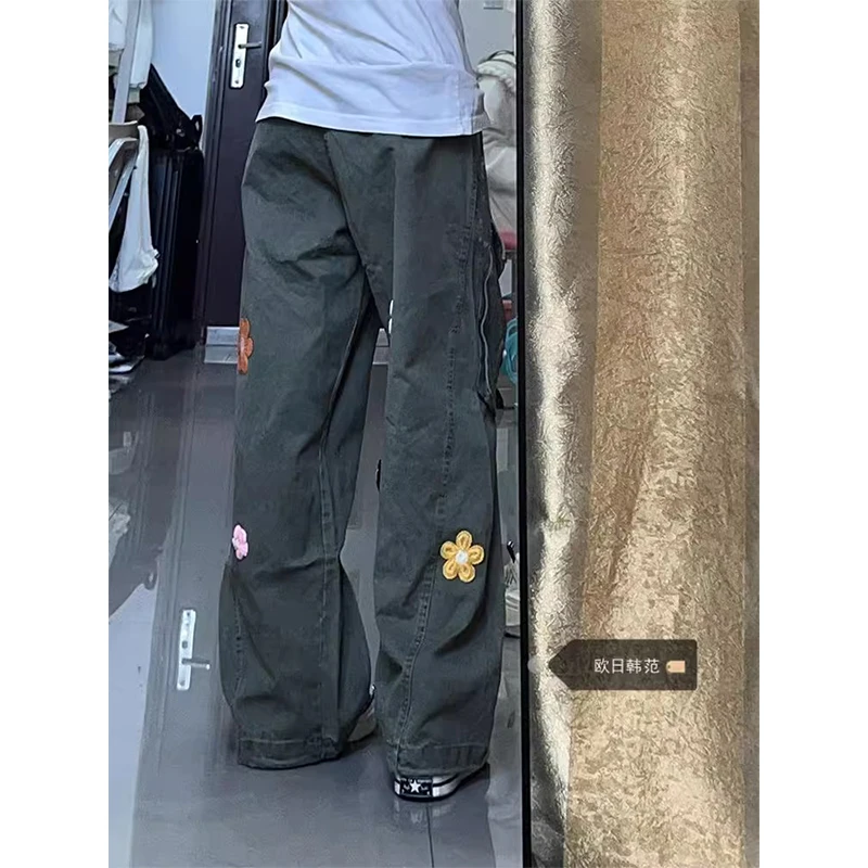 美式复古菱形兰花工装裤女2025春情侣宽松休闲抽绳直筒阔腿长裤子