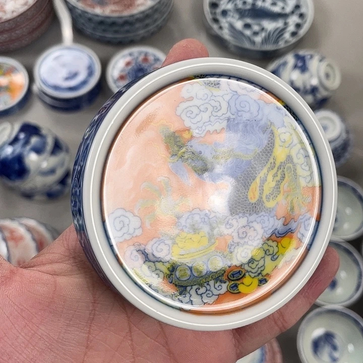 瓷片景德镇粉彩腾龙献宝盖置