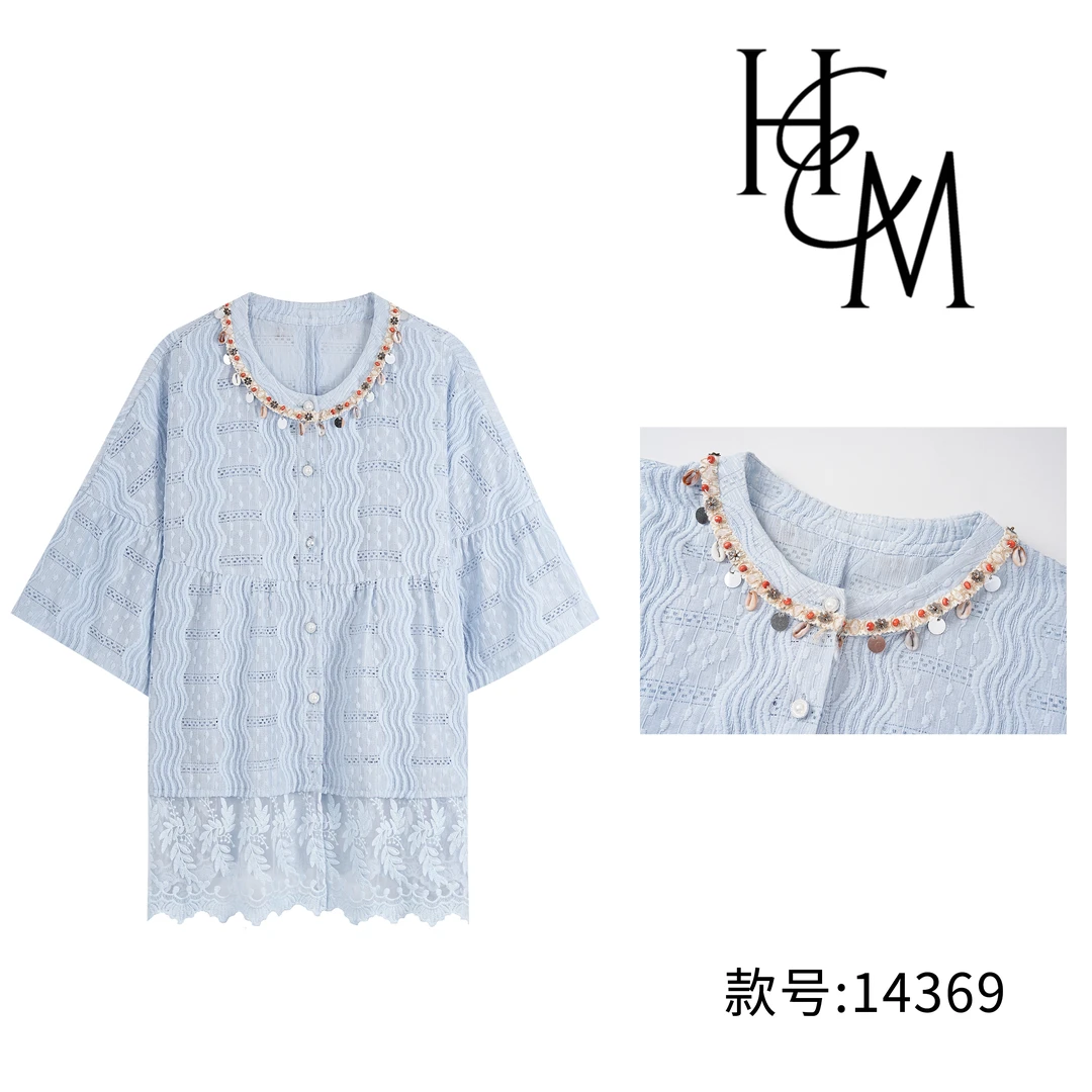 时尚设计师款欧若风镂空拼接蕾丝衬衫【14369】