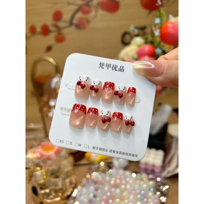 梵甲优品C460可爱波点蝴蝶结KT猫眼可拆卸预制穿戴甲 10片装