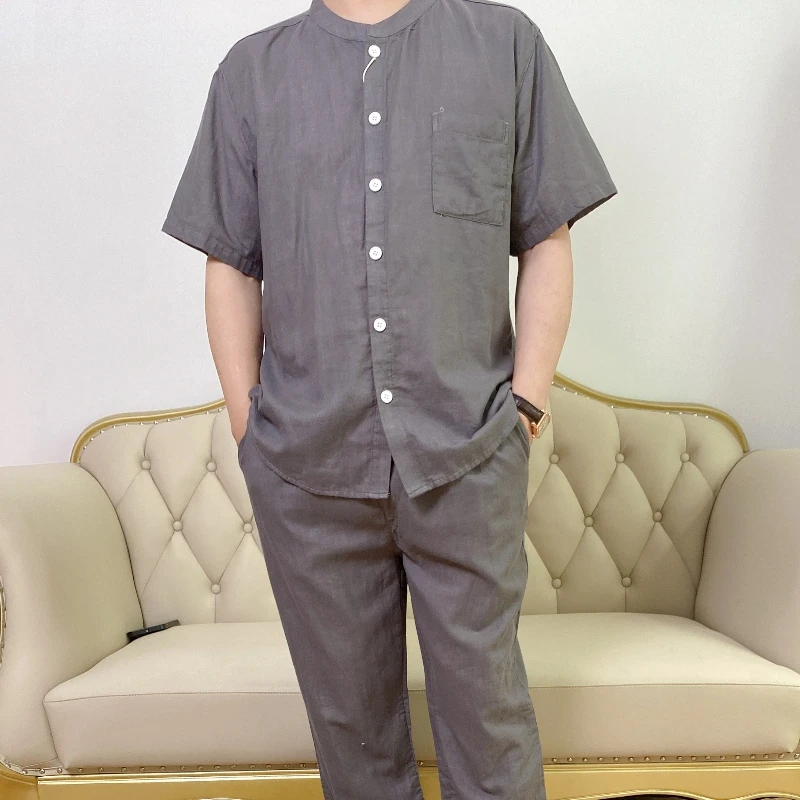 2025新款全棉双层纱棉纱睡衣家居服男款短袖长裤套装柔软舒适