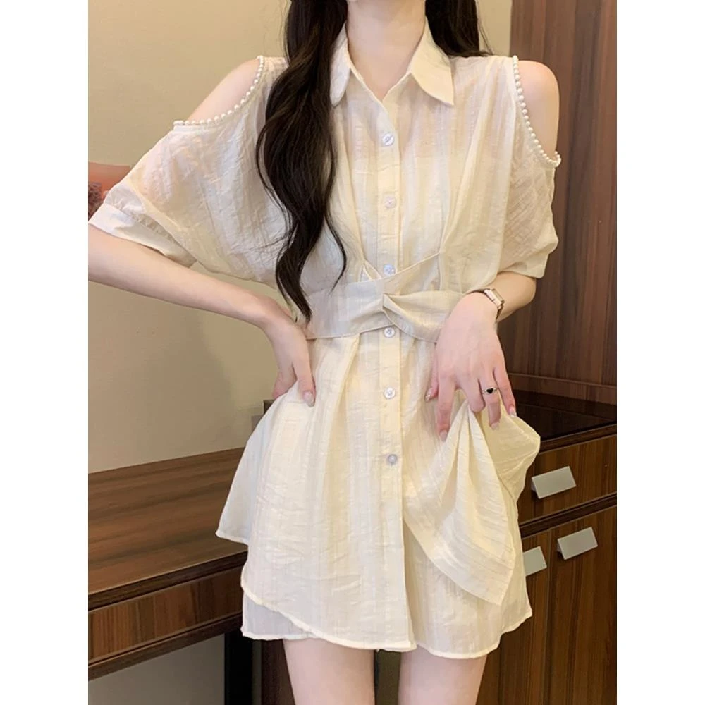 大码胖mm时尚气质显瘦洋气高级设计感露肩防晒衫短裤两件套装女夏