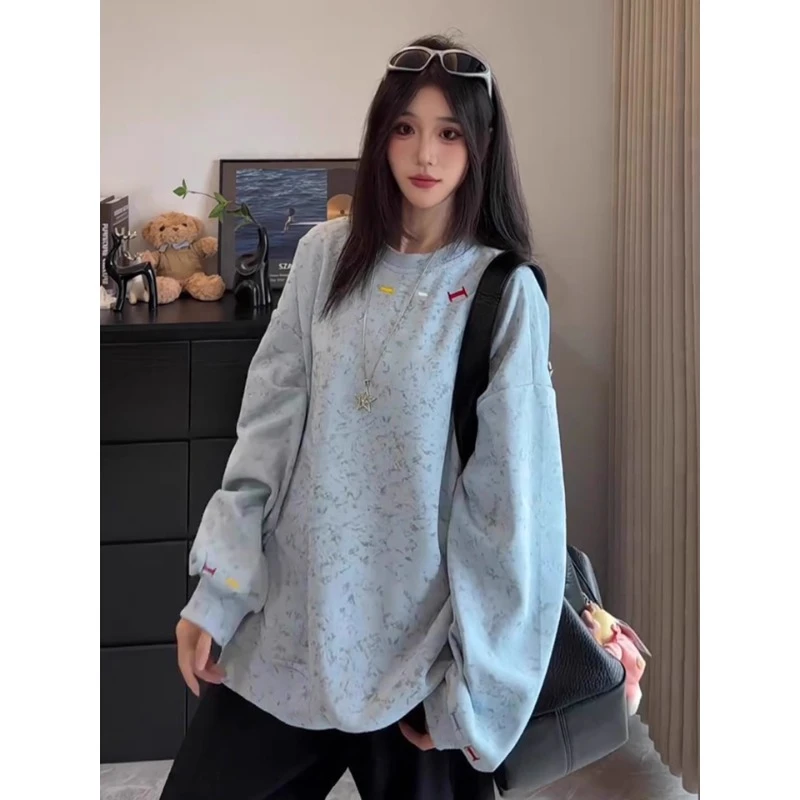 扎染刺绣圆领卫衣男秋冬美式高街重磅长袖T恤设计感宽松情侣外套