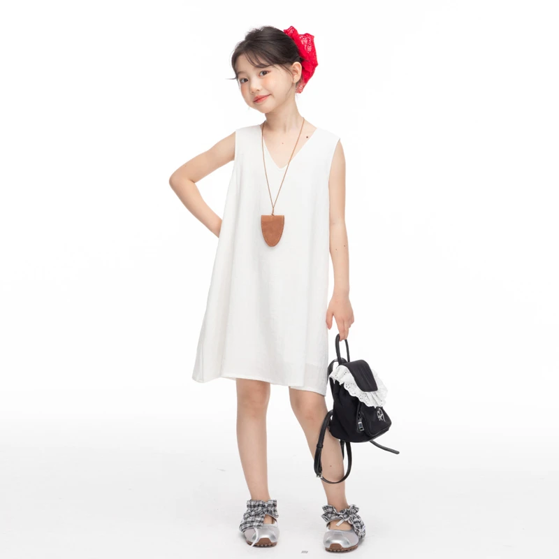 女童v领无袖背心连衣裙2025夏季新款儿童宽松a字裙简约纯色裙子潮