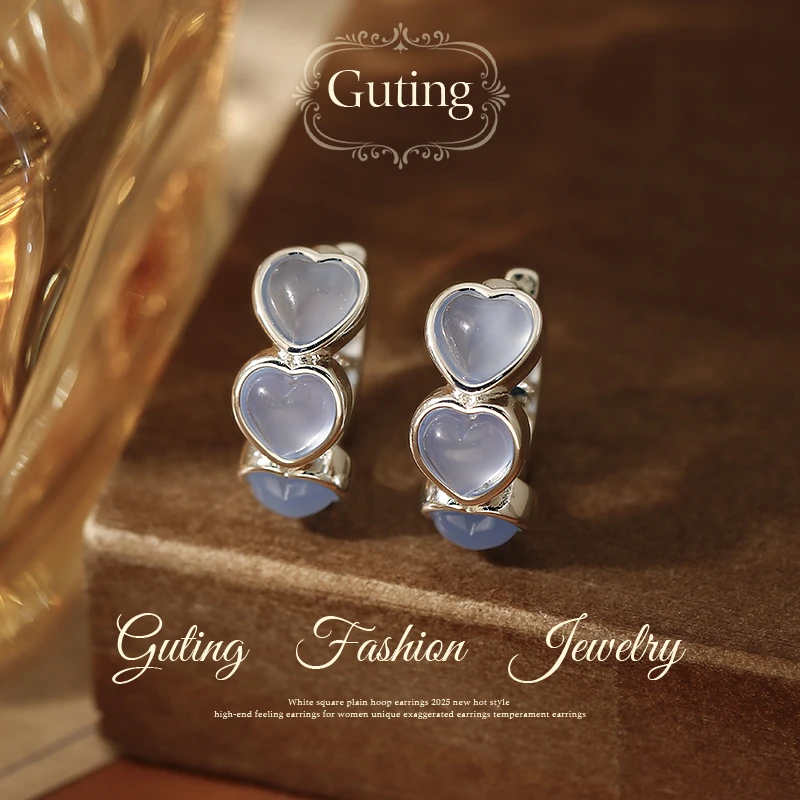 铜合金合成锆石耳饰 21001蓝色爱心圈圈耳钉适合夏天耳环精致耳圈