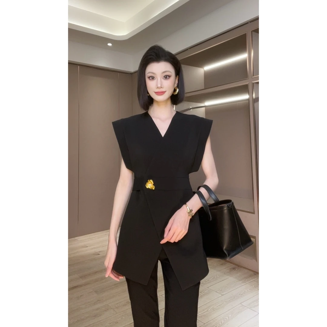 琦哥【酷飒气质】原创设计V领减员时尚职场通勤衬衣夏季系带35189