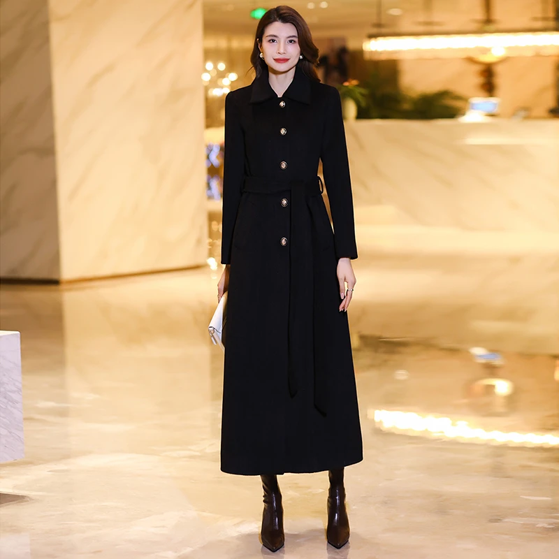 冬季收腰长款大衣毛呢外套长款过膝时尚收腰显瘦气质黑色女装加厚