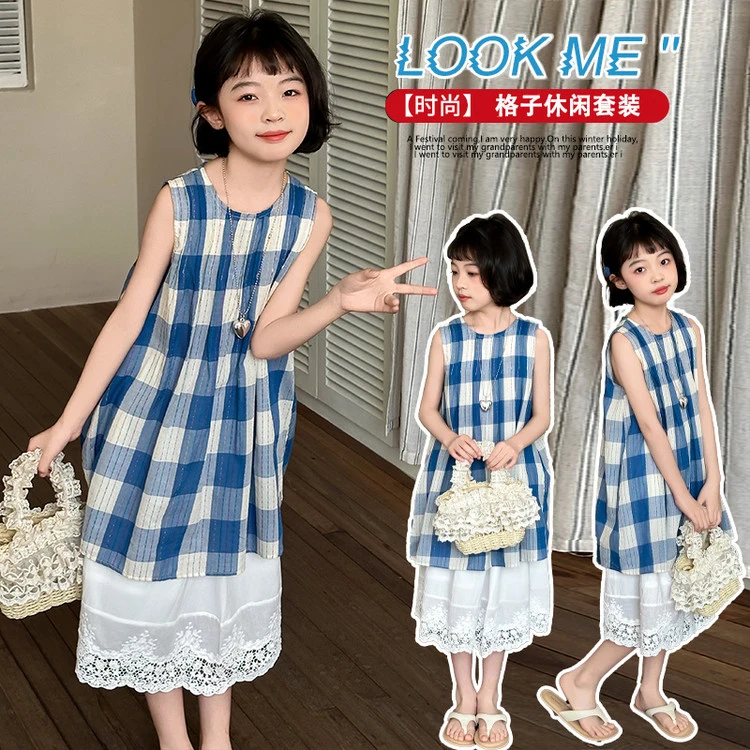 时尚休闲薄款夏季夏季女童韩版裙装套装夏装女童格子女孩夏天
