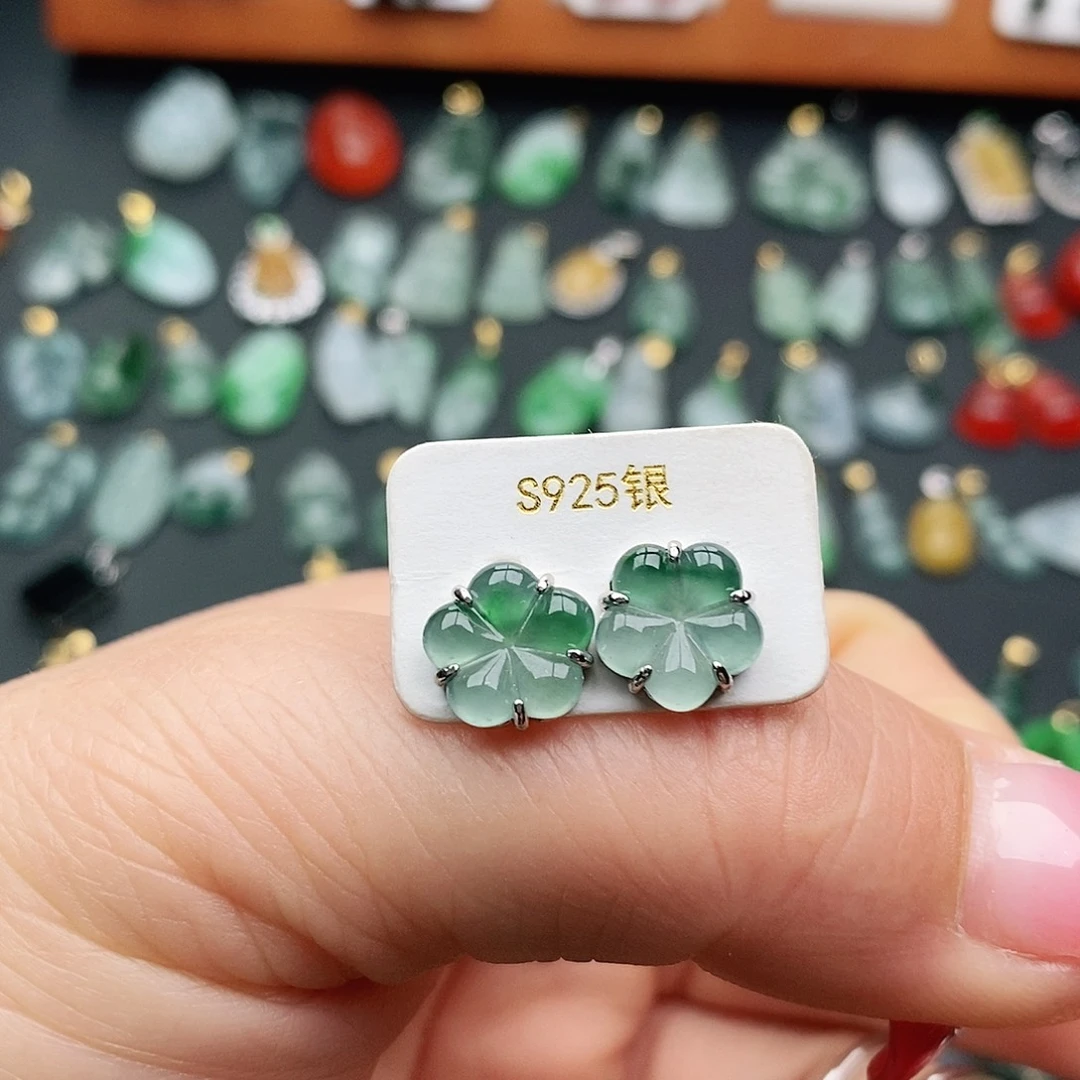 翡翠耳饰银S925镶嵌耳钉
