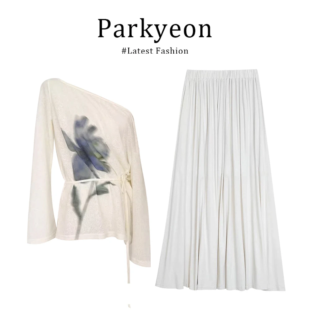 parkyeon法式慵懒风休闲斜肩印花上衣时尚气质百搭半身裙两件套装